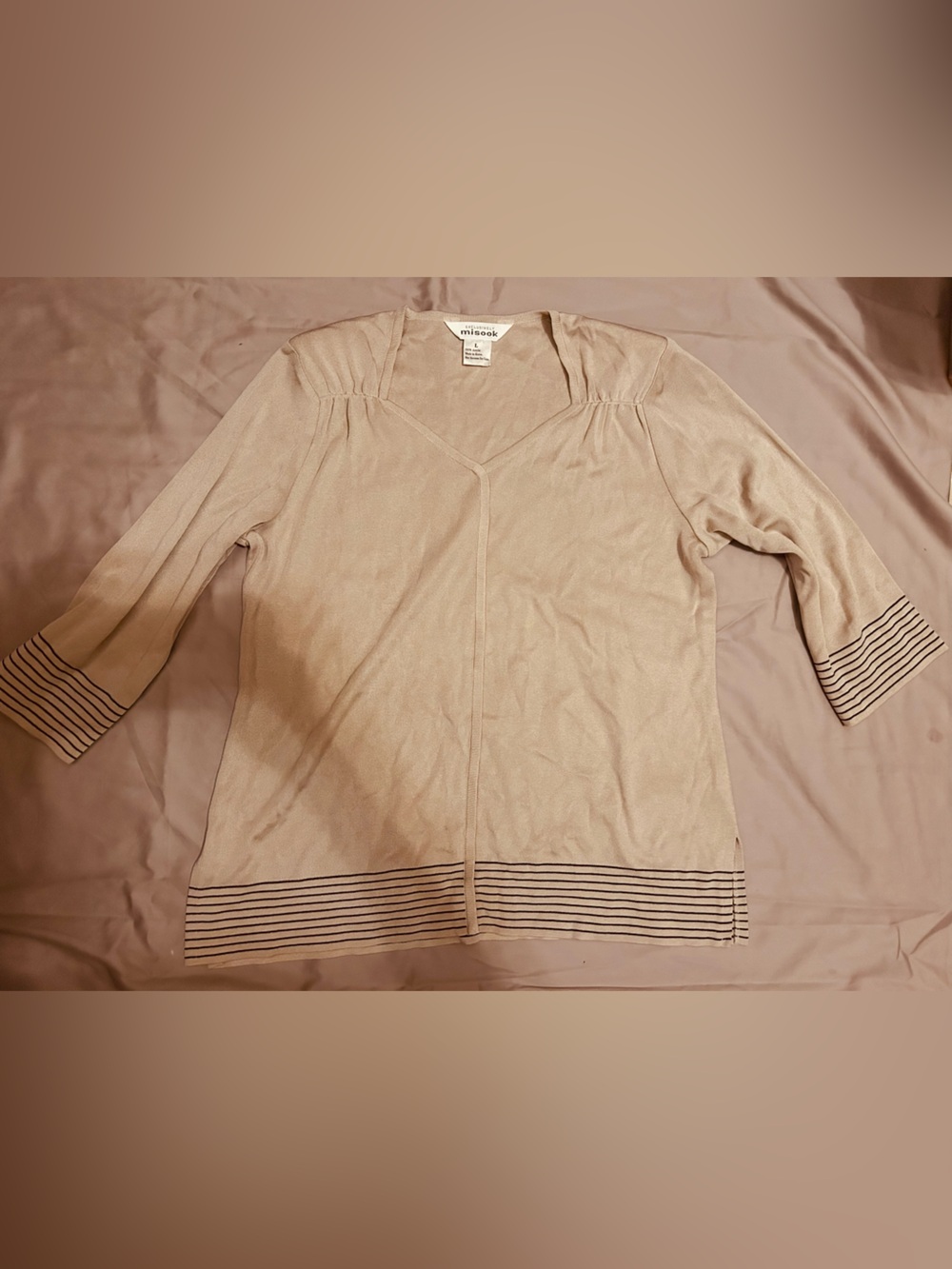 Misook Beige V-Neck Tunic with Striped Trim Size Large